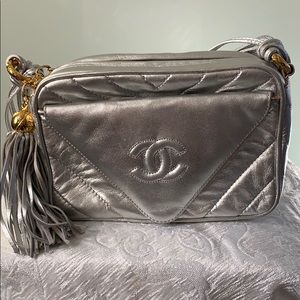 CHANEL Silver Leather Evening Bag